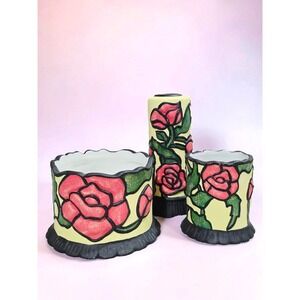 Set of 3 Colonial Candle set of Cape COD ceramic holders with Rose Flowers